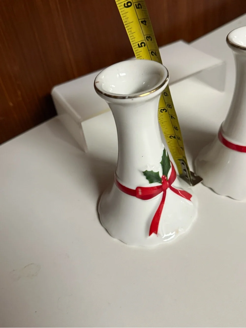 Vintage White Pottery Holiday Ribbon Candle Holder set